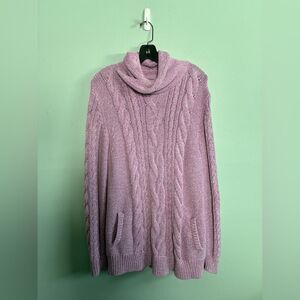 LL Bean Womens Cotton Cable Knit Funnel Long Line Lavender Fisherman Sweater XL